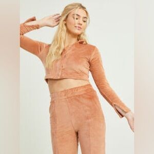 NWT Altar’d State Meadow Velour Slit Sleeves Soft Camel Collared Cropped Top